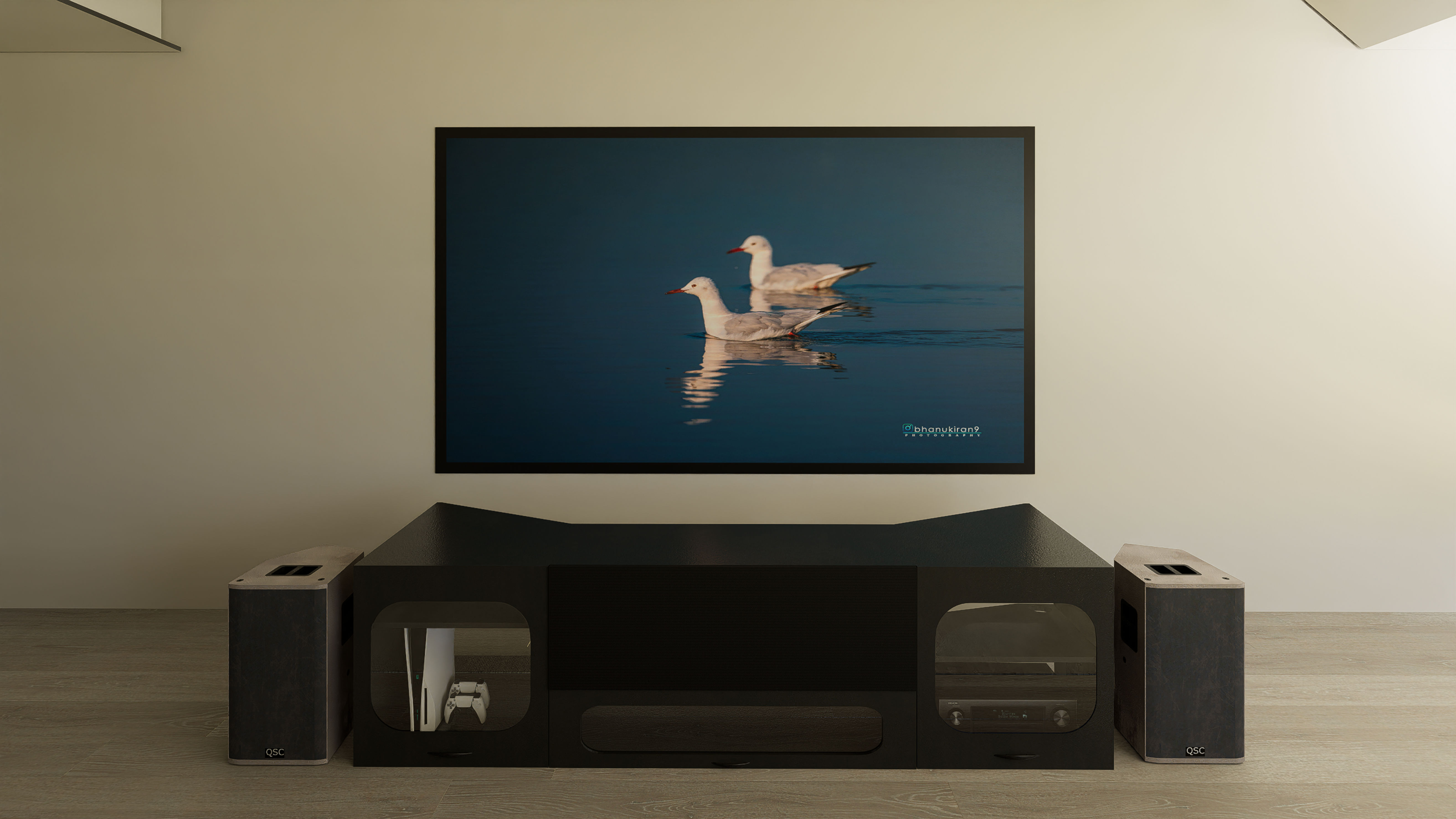 High‑Profile Black UST Projector & Center Channel Cabinet for 80–200" Fixed Screens