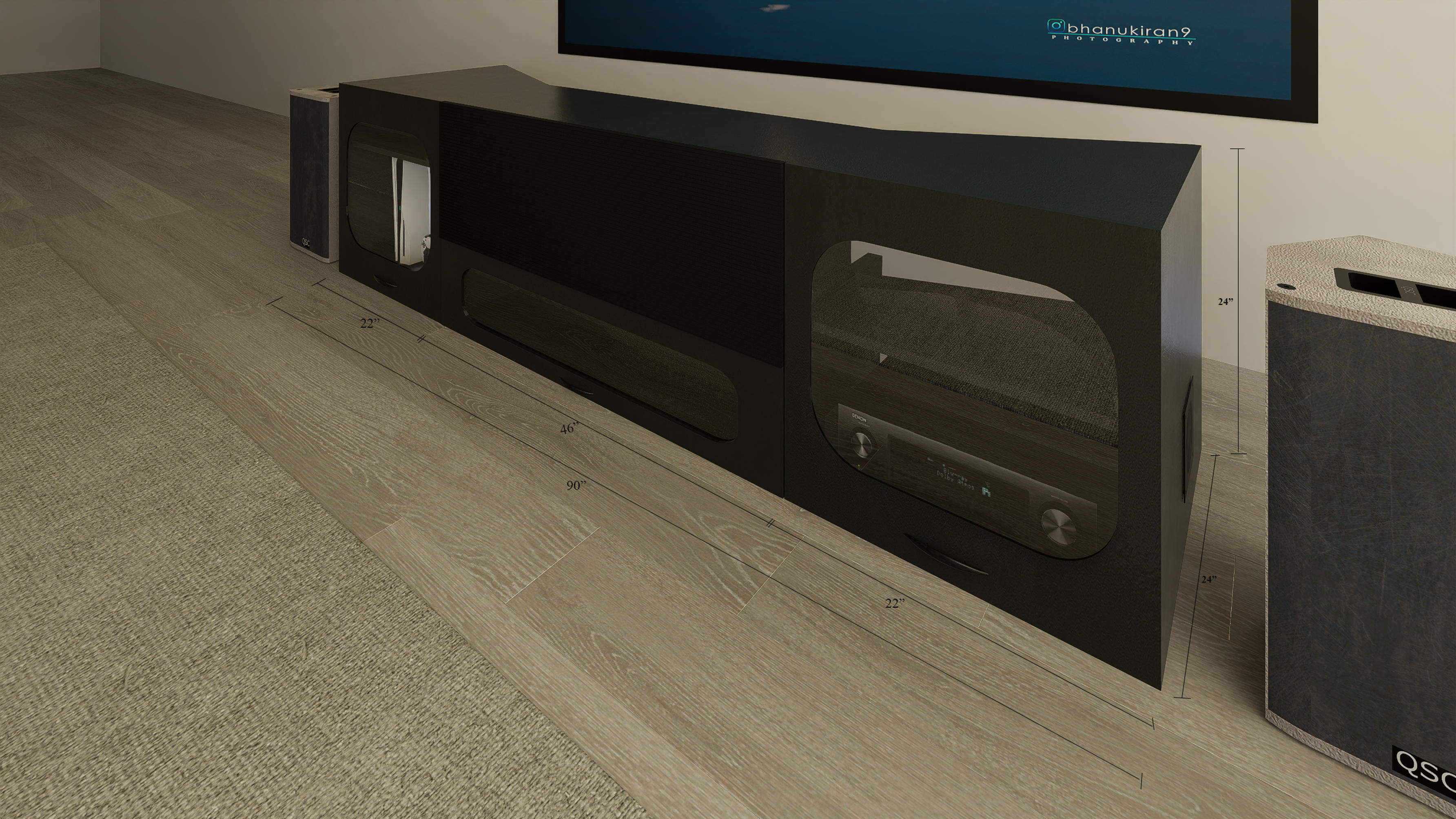 High‑Profile Black UST Projector & Center Channel Cabinet for 80–200" Fixed Screens