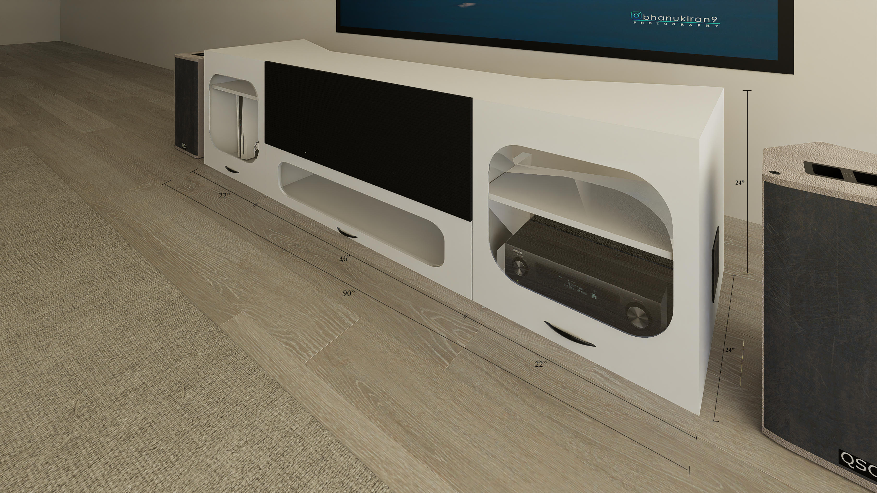 High Profile White Cabinet designed for integrating Ultra Short Throw Projector,Center Channel and Fixed screen with elegant doors.