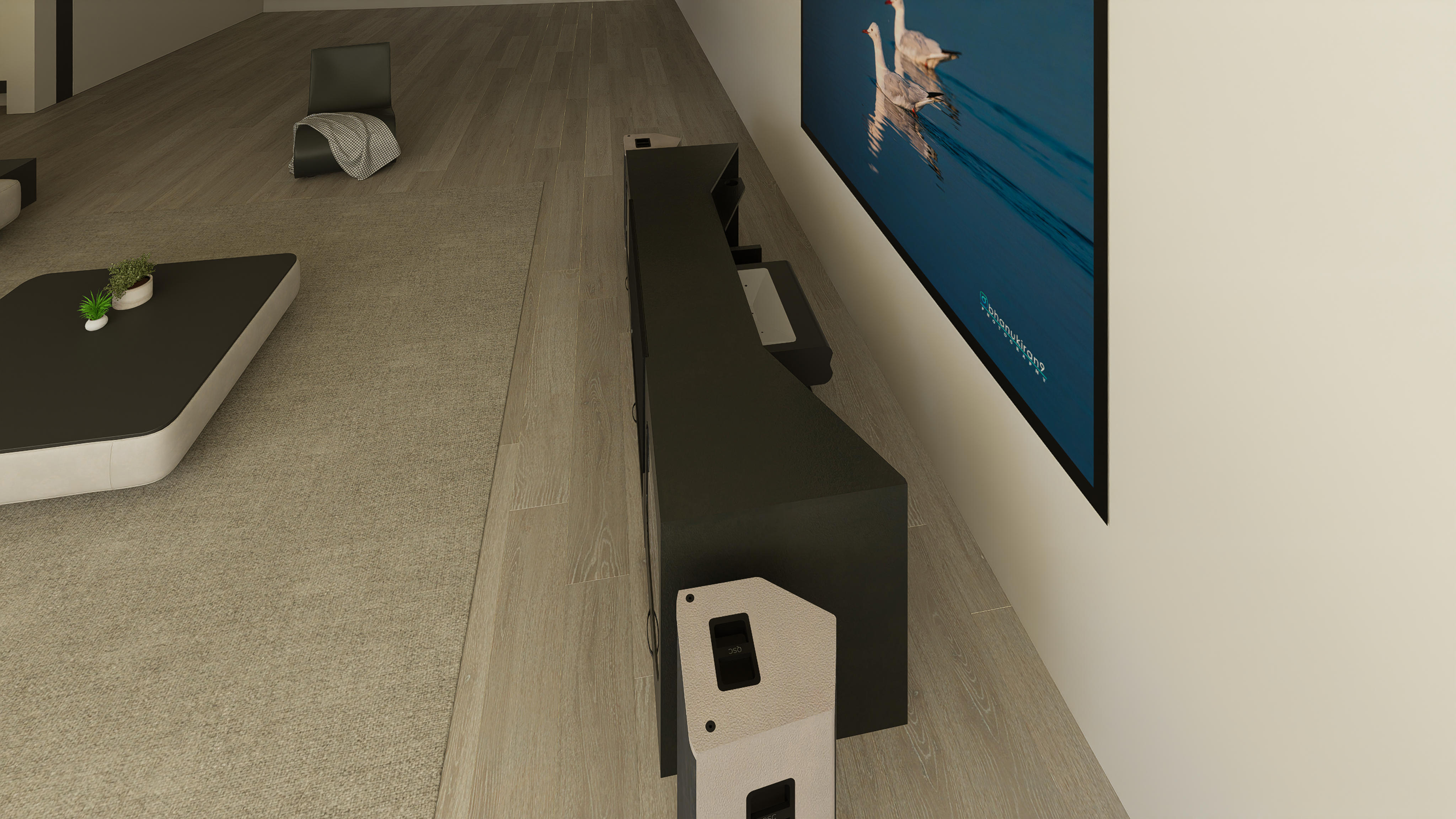 High Profile Black Cabinet designed for integrating Ultra Short Throw Projector,Center Channel and Fixed screen with elegant doors.