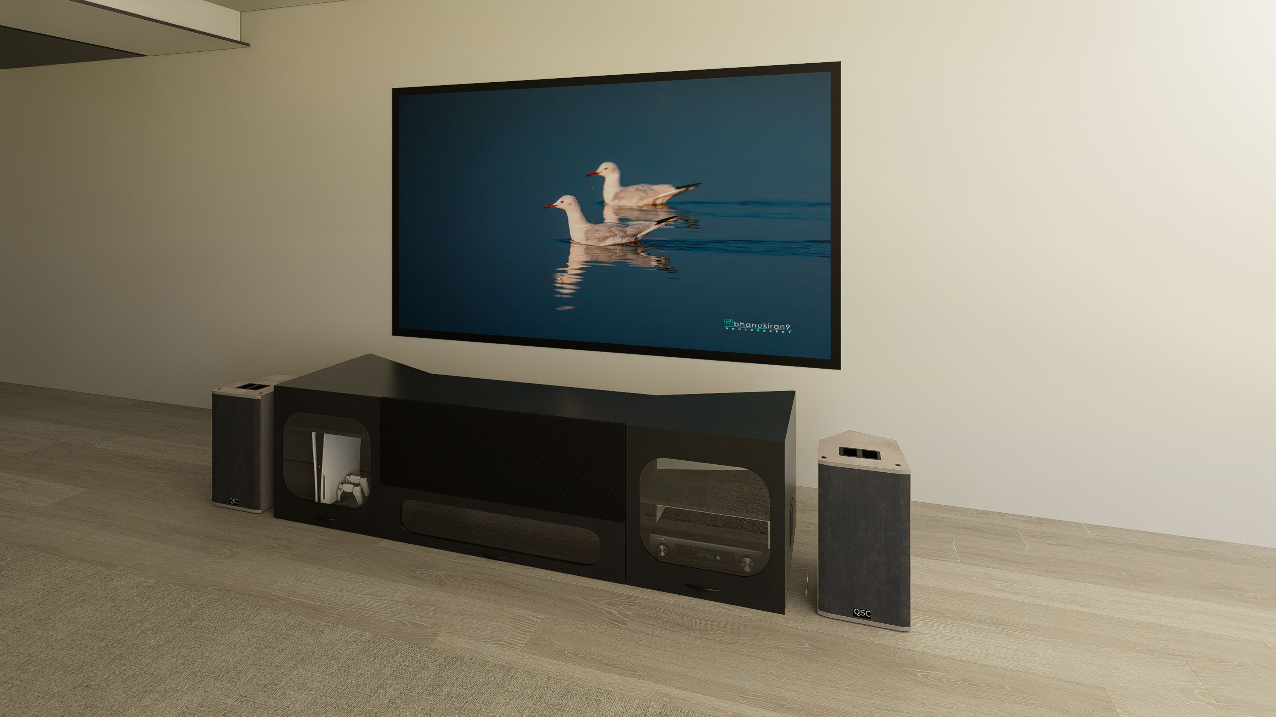 High Profile Black Cabinet designed for integrating Ultra Short Throw Projector,Center Channel and Fixed screen with elegant doors.