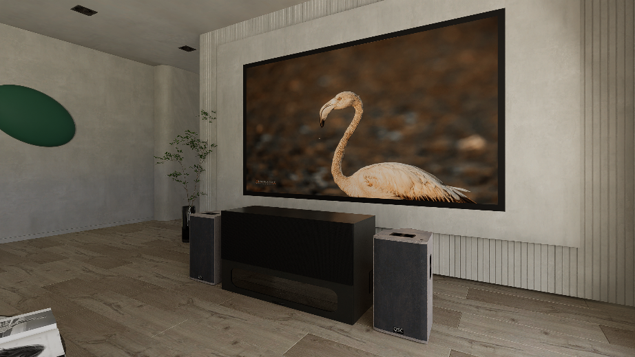 High Profile Core Black Cabinet designed for integrating Ultra Short Throw Projector,Center Channel and Fixed screen with elegant doors.