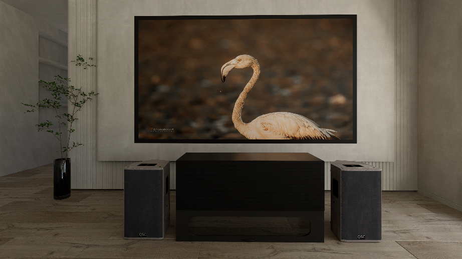 High Profile Core Black Cabinet designed for integrating Ultra Short Throw Projector,Center Channel and Fixed screen with elegant doors.