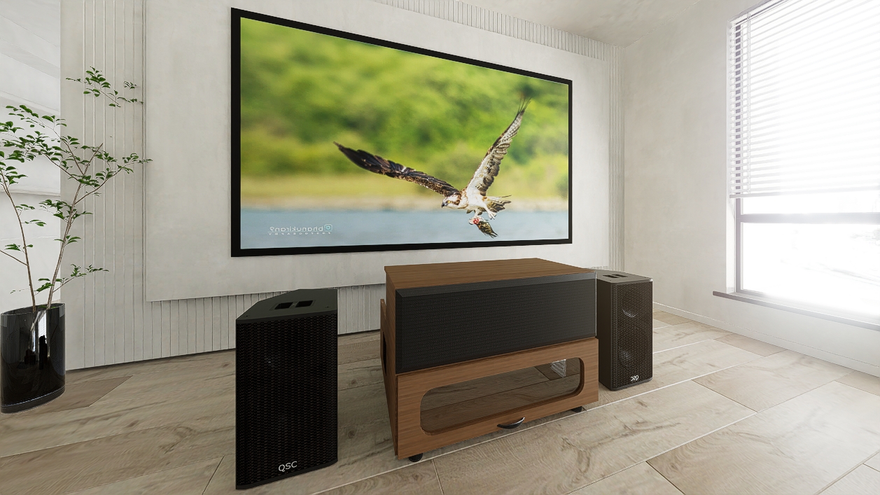 High Profile Core Sierra walnut Cabinet designed for integrating Ultra Short Throw Projector,Center Channel and Fixed screen with elegant doors.