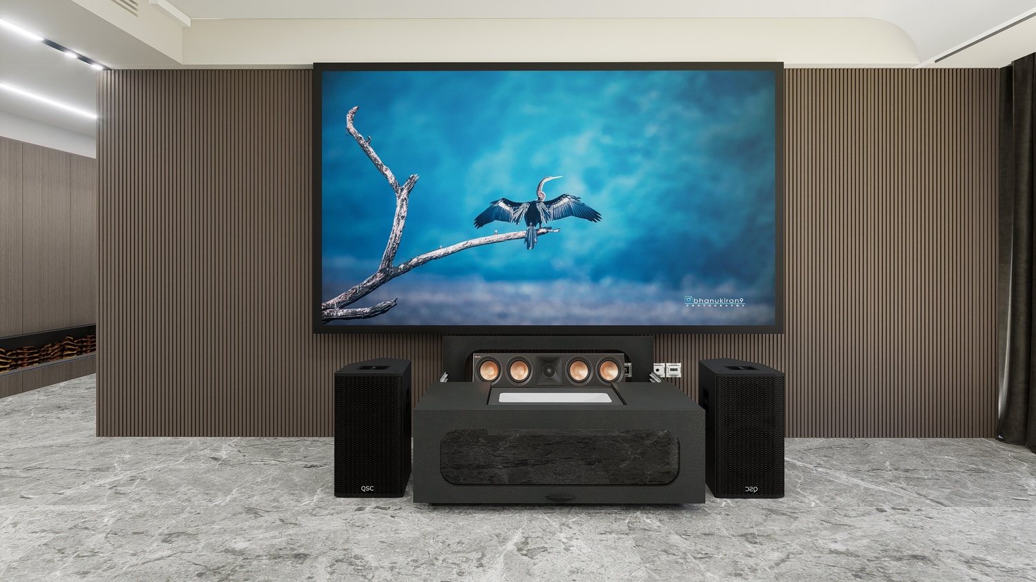 High Profile Core Black Cabinet designed for integrating Ultra Short Throw Projector,Center Channel and Fixed screen with elegant doors.
