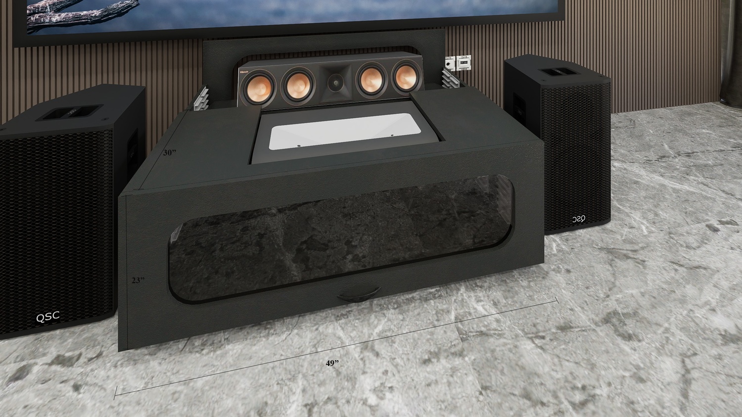 High Profile Core Black Cabinet designed for integrating Ultra Short Throw Projector,Center Channel and Fixed screen with elegant doors.