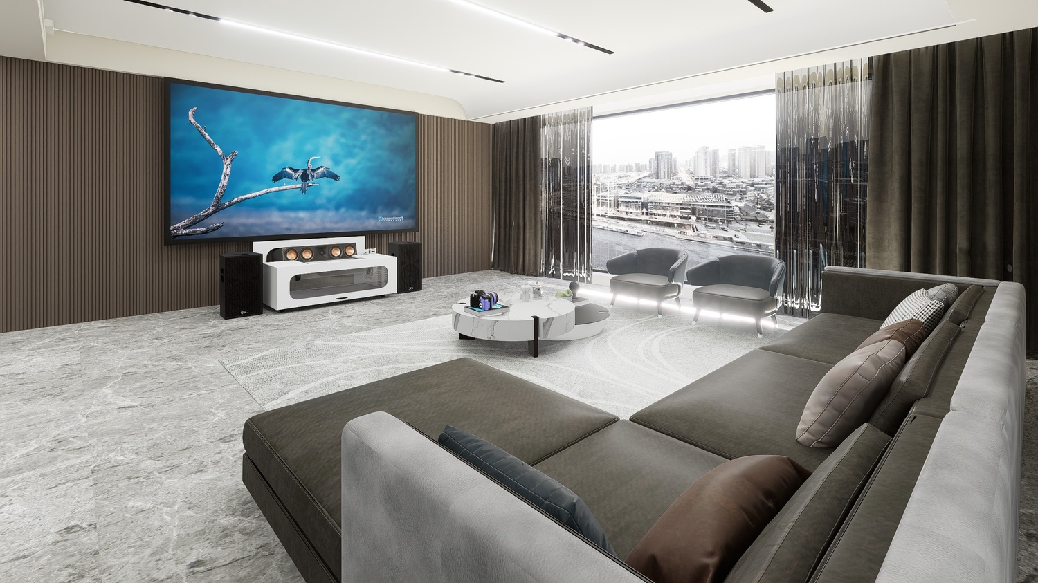 High Profile Core White Cabinet designed for integrating Ultra Short Throw Projector,Center Channel and Fixed screen with elegant doors.