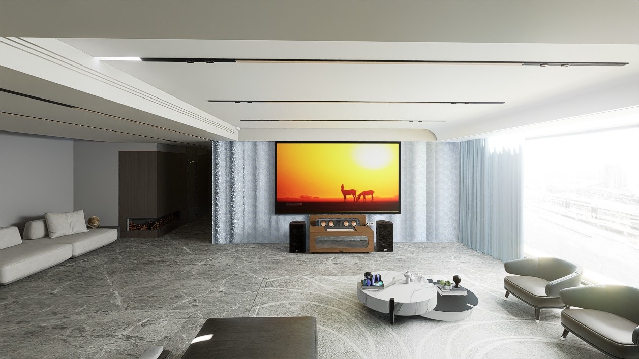 High Profile Core Sierra walnut Cabinet designed for integrating Ultra Short Throw Projector,Center Channel and Fixed screen with elegant doors.