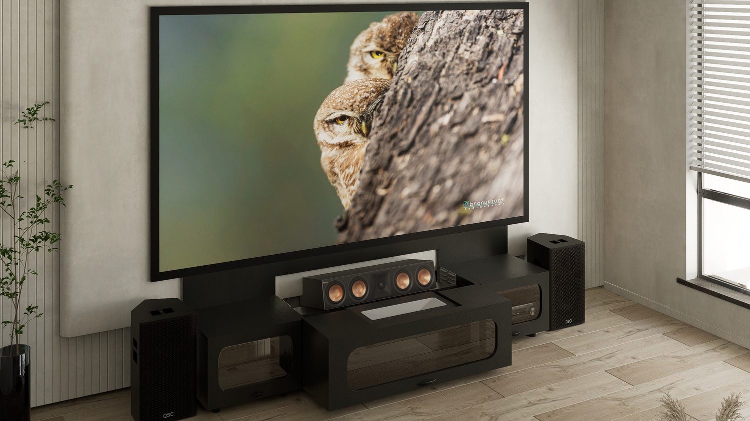 High Profile Black Cabinet designed for integrating Ultra Short Throw Projector,Center Channel and Fixed screen with elegant doors.