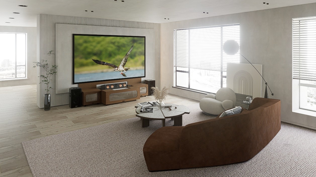 High Profile Sierra walnut Cabinet designed for integrating Ultra Short Throw Projector,Center Channel and 120”-132" Fixed screen with elegant doors.