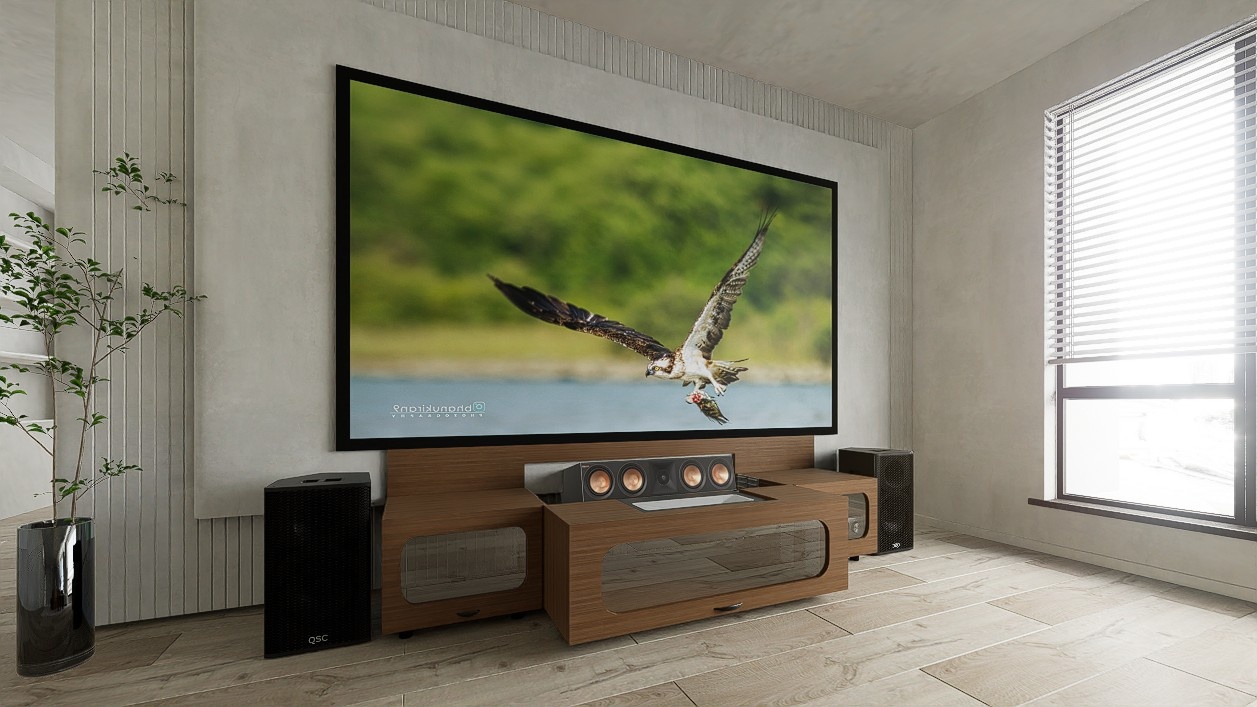 High Profile Sierra walnut Cabinet designed for integrating Ultra Short Throw Projector,Center Channel and Fixed screen with elegant doors.