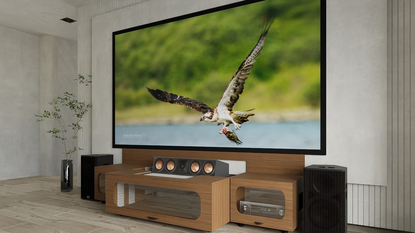 High Profile Sierra walnut Cabinet designed for integrating Ultra Short Throw Projector,Center Channel and Fixed screen with elegant doors.