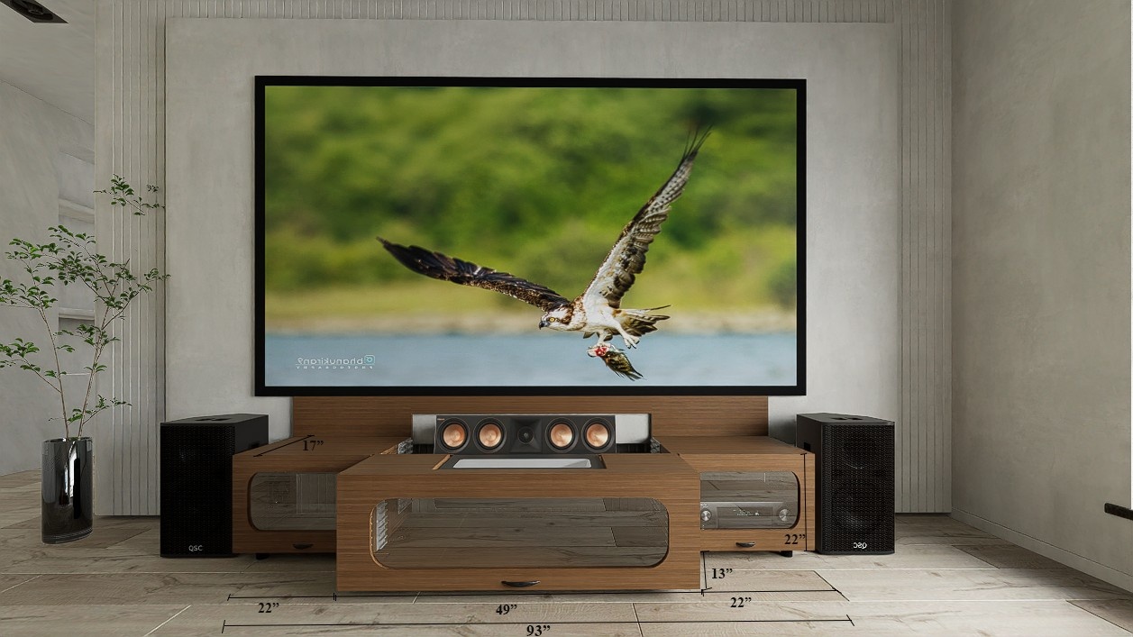 High Profile Sierra walnut Cabinet designed for integrating Ultra Short Throw Projector,Center Channel and Fixed screen with elegant doors.