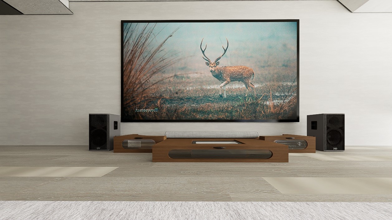 Ultra Low Profile Sierra walnut Cabinet designed for integrating Ultra Short Throw Projector,Center Channel and 150" fixed screen with elegant doors.