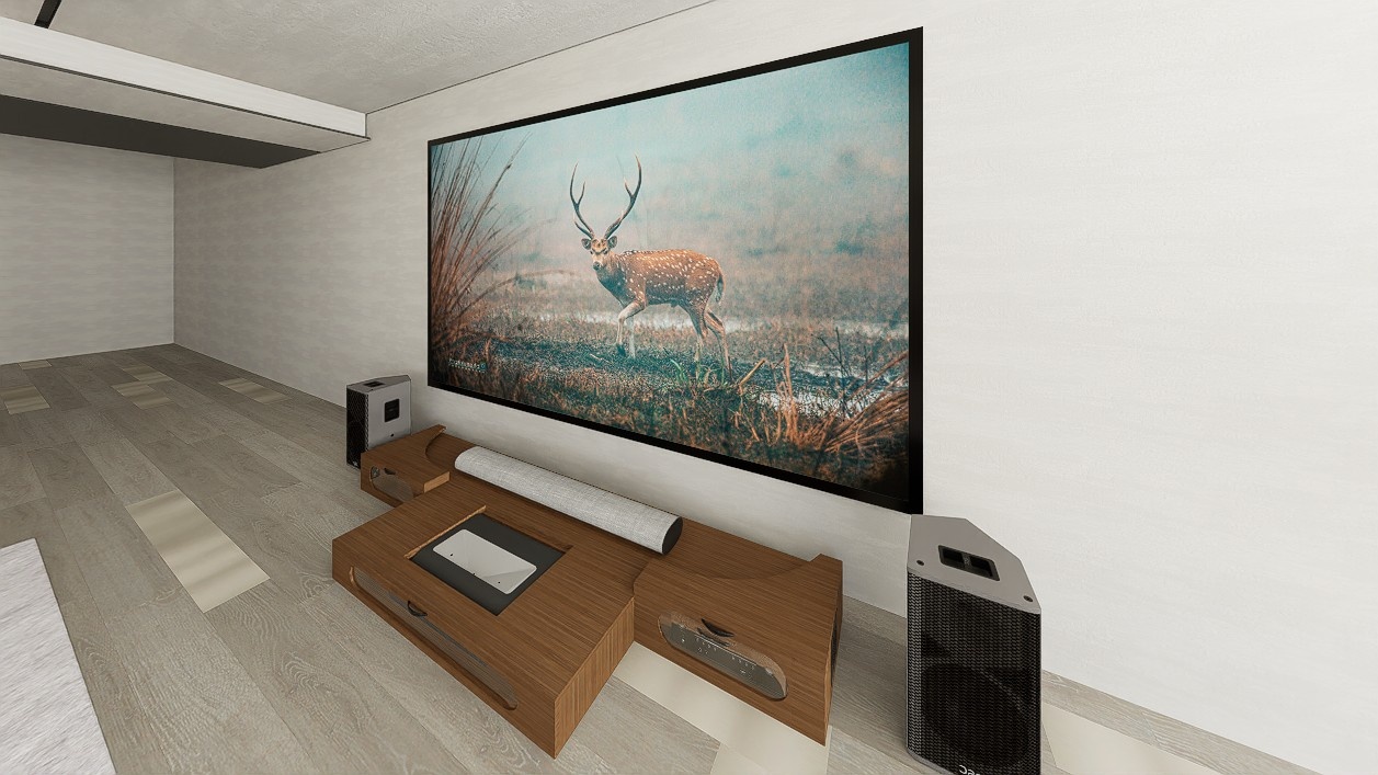 Ultra Low Profile Sierra walnut Cabinet designed for integrating Ultra Short Throw Projector,Center Channel and 150" fixed screen with elegant doors.