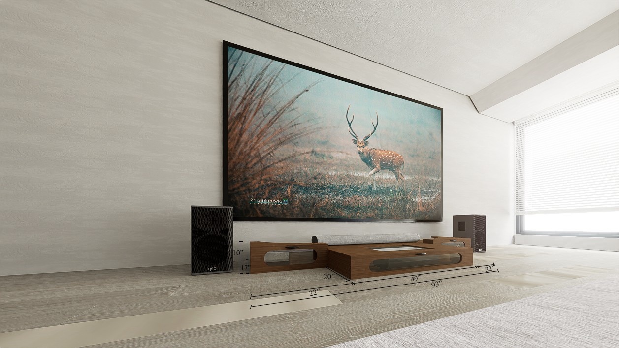 Ultra Low Profile Sierra walnut Cabinet designed for integrating Ultra Short Throw Projector,Center Channel and 150" fixed screen with elegant doors.
