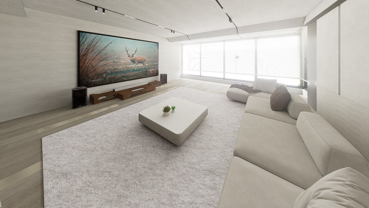 Ultra Low Profile Sierra walnut Cabinet designed for integrating Ultra Short Throw Projector,Center Channel and 150" fixed screen with elegant doors.