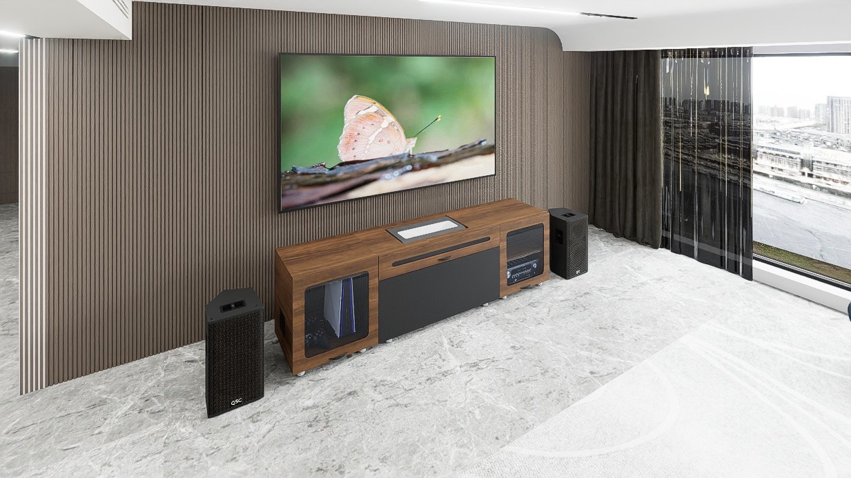 High Profile Sierra walnut Cabinet designed for integrating Ultra Short Throw Projector,Center Channel and Fixed screen with elegant doors.