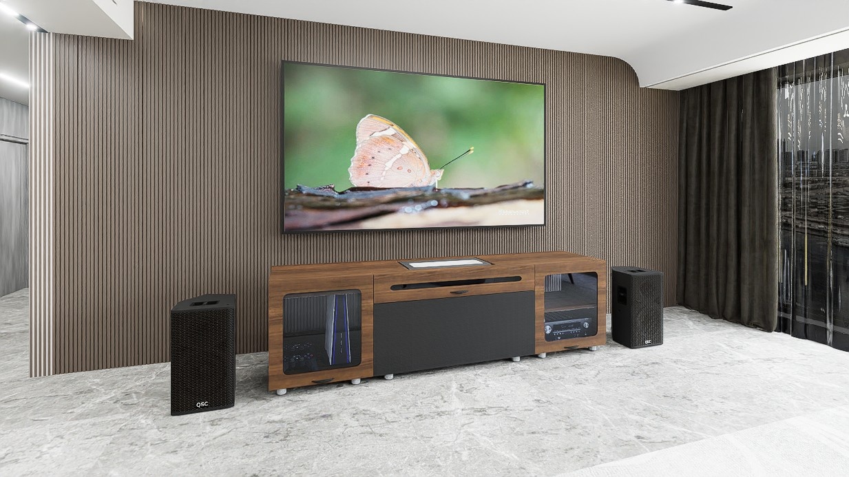 High Profile Sierra walnut Cabinet designed for integrating Ultra Short Throw Projector,Center Channel and Fixed screen with elegant doors.