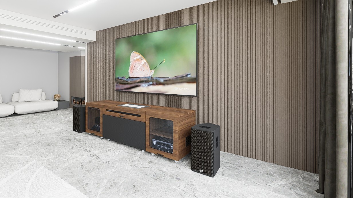 High Profile Sierra walnut Cabinet designed for integrating Ultra Short Throw Projector,Center Channel and Fixed screen with elegant doors.