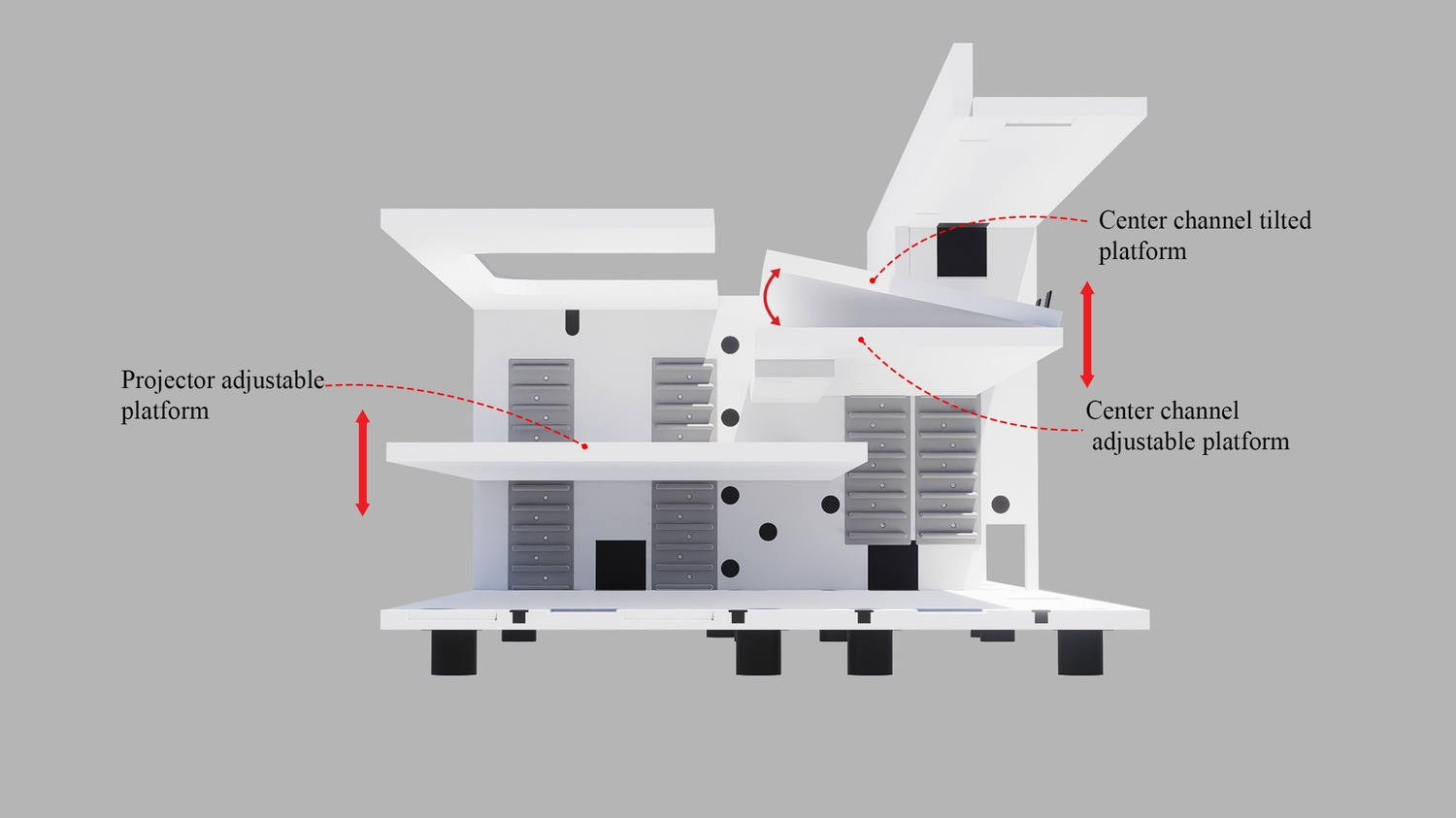 High Profile White Cabinet designed for integrating Ultra Short Throw Projector,Center Channel and Floor raising screen with elegant doors.