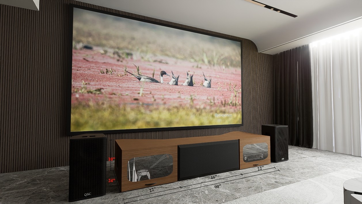 Low Profile Sierra walnut Cabinet designed for integrating Ultra Short Throw Projector,Center Channel and Fixed screen with elegant doors.