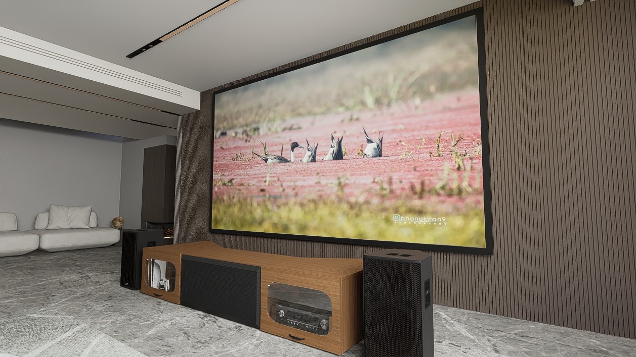 Low Profile Sierra walnut Cabinet designed for integrating Ultra Short Throw Projector,Center Channel and Fixed screen with elegant doors.