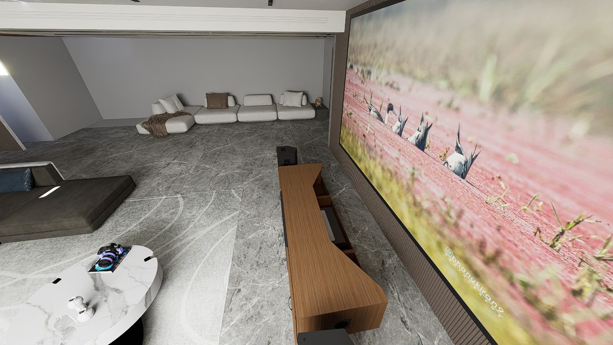 Low Profile Sierra walnut Cabinet designed for integrating Ultra Short Throw Projector,Center Channel and Fixed screen with elegant doors.
