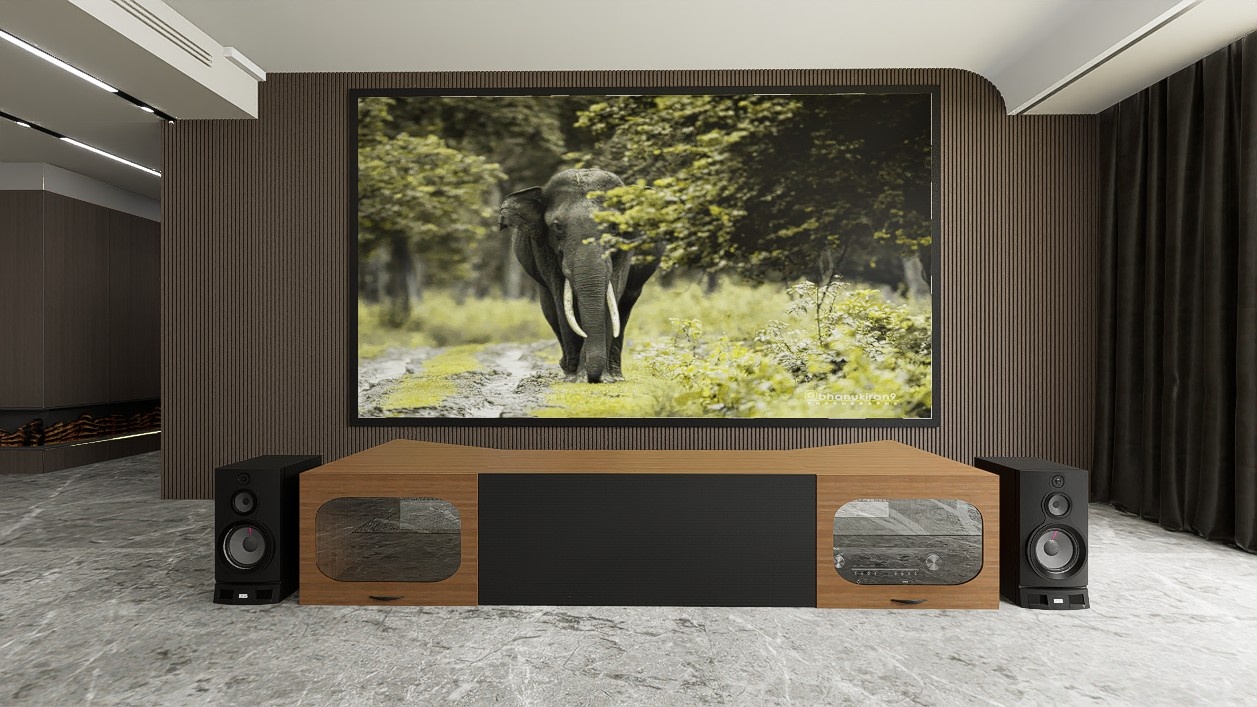 High Profile Sierra walnut Cabinet designed for integrating Ultra Short Throw Projector,Center Channel and Fixed screen with elegant doors.