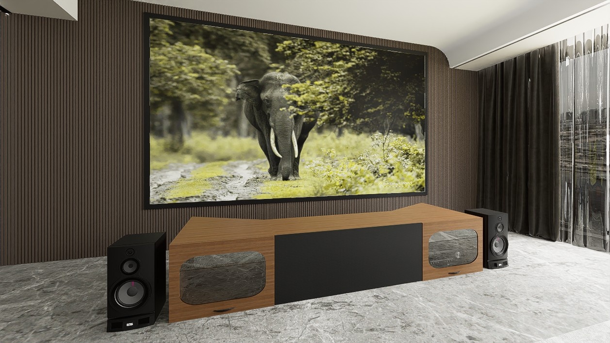 High Profile Sierra walnut Cabinet designed for integrating Ultra Short Throw Projector,Center Channel and Fixed screen with elegant doors.
