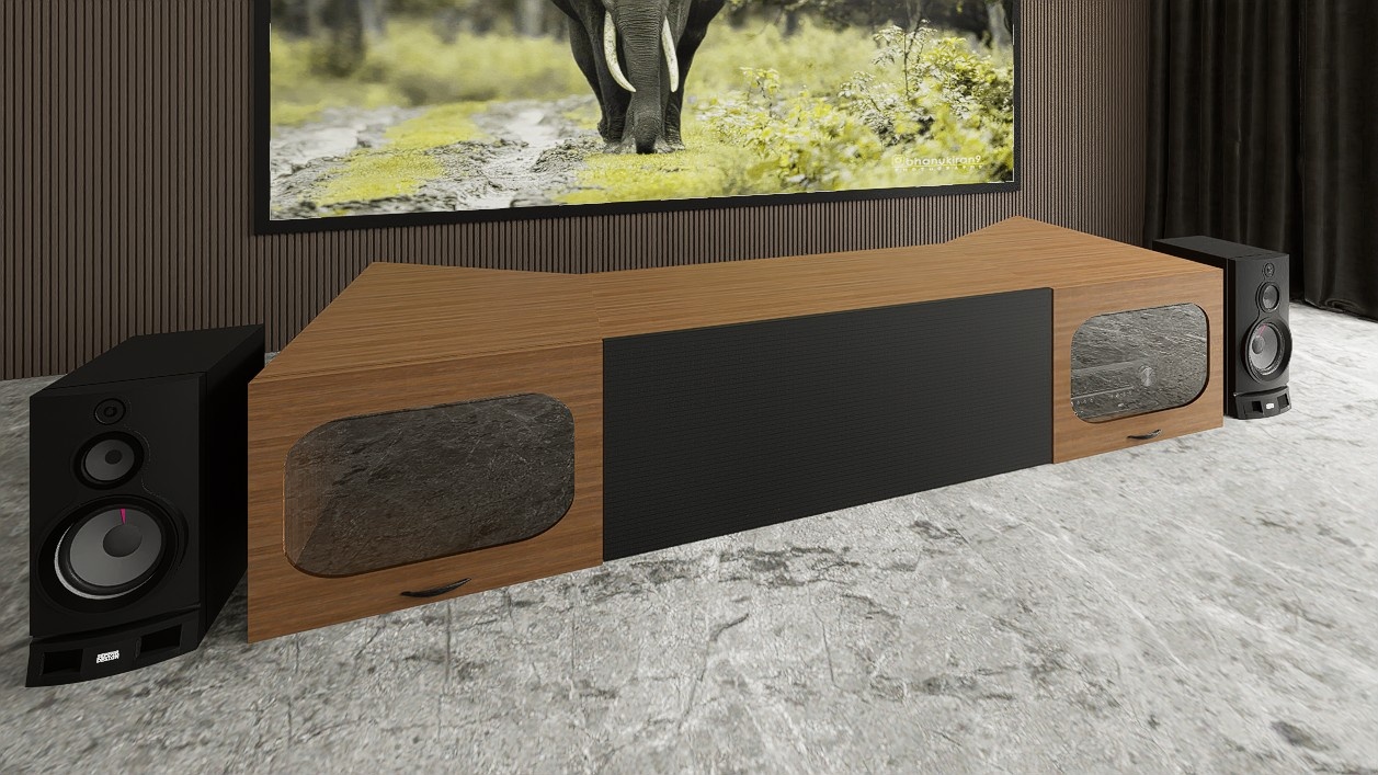 High Profile Sierra walnut Cabinet designed for integrating Ultra Short Throw Projector,Center Channel and Fixed screen with elegant doors.