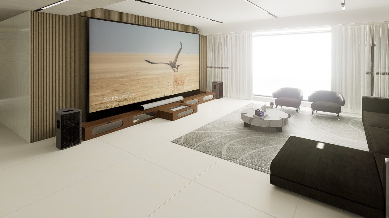 Ultra Low Profile Sierra walnut Cabinet designed for integrating Ultra Short Throw Projector,Center Channel and 150" Floor raising screen with elegant doors.